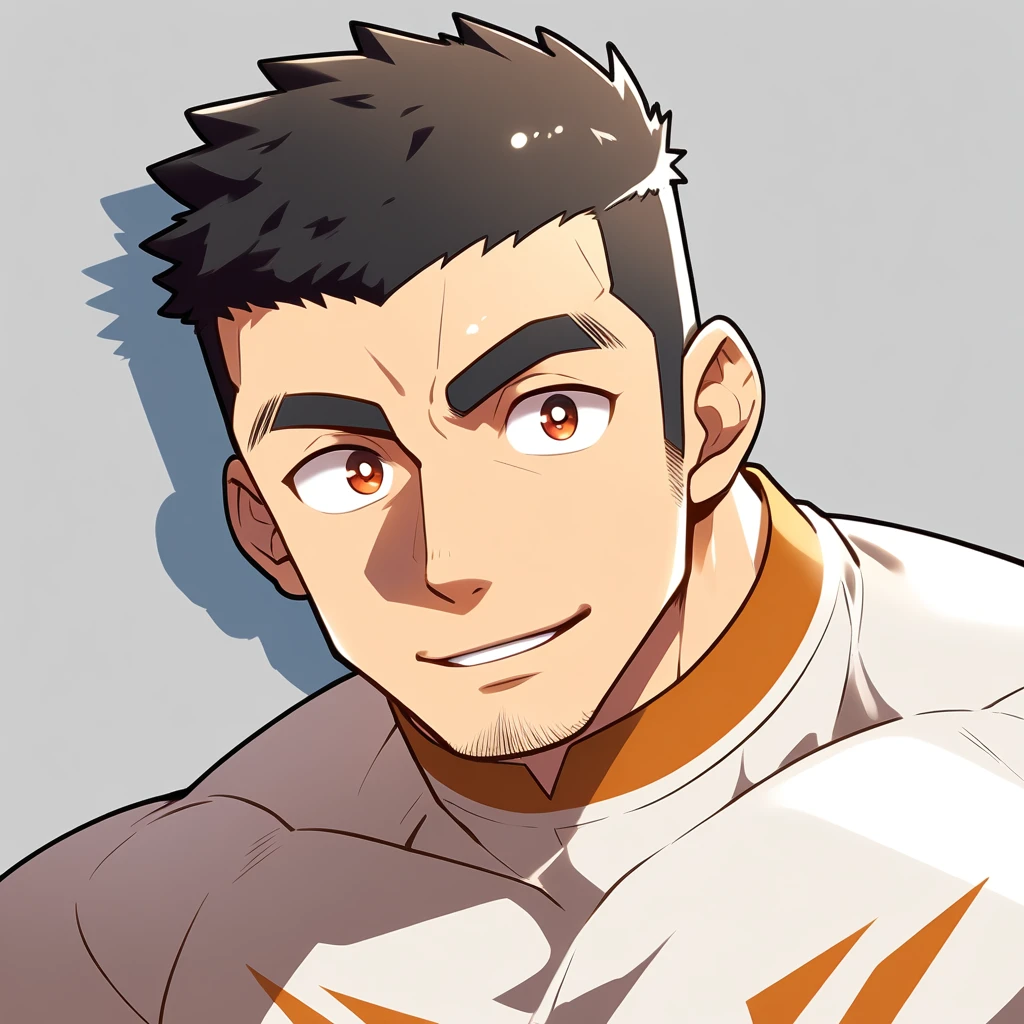 anime characters：Gyee, Muscle Sports Student, Manliness, male focus, Cute boy with big eyes, Brown high collar long sleeve tight T-shirt, Slightly transparent material, Very tight, Round, full and perky chest muscles, Slightly transparent, muscular male, muscular, only, Upper body, alone, Black short hair, Thick eyebrows, stubble, Cute little eyes, Brown-red pupils, Grey background, simple background, amazing quality, best aesthetics, Ridiculous, crew cut, parted lips, seductive smile, torogao, naughty face, drop shadow, best quality