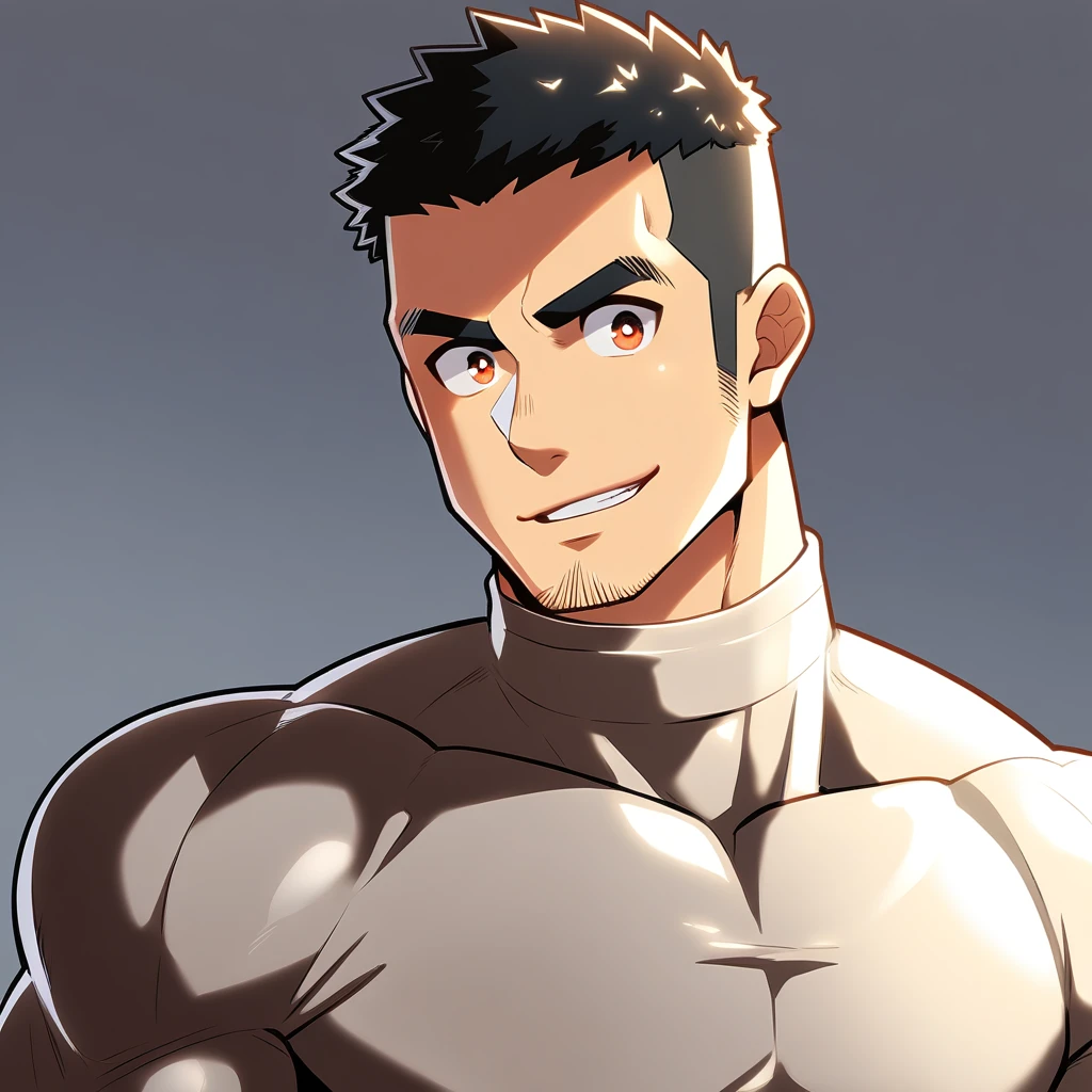 anime characters：Gyee, Muscle Sports Student, Manliness, male focus, Cute boy with big eyes, Brown high collar long sleeve tight T-shirt, Slightly transparent material, Very tight, Round, full and perky chest muscles, Slightly transparent, muscular male, muscular, only, Upper body, alone, Black short hair, Thick eyebrows, stubble, Cute little eyes, Brown-red pupils, Grey background, simple background, amazing quality, best aesthetics, Ridiculous, crew cut, parted lips, seductive smile, torogao, naughty face, drop shadow, best quality