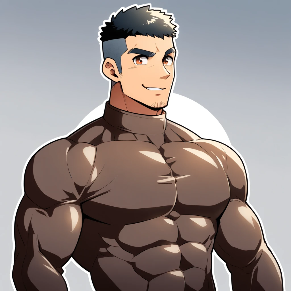 anime characters：Gyee, Muscle Sports Student, Manliness, male focus, Cute boy with big eyes, Brown high collar long sleeve tight T-shirt, Slightly transparent material, Very tight, Round, full and perky chest muscles, Slightly transparent, muscular male, muscular, only, Upper body, alone, Black short hair, Thick eyebrows, stubble, Cute little eyes, Brown-red pupils, Grey background, simple background, amazing quality, best aesthetics, Ridiculous, crew cut, parted lips, seductive smile, torogao, naughty face, drop shadow, best quality