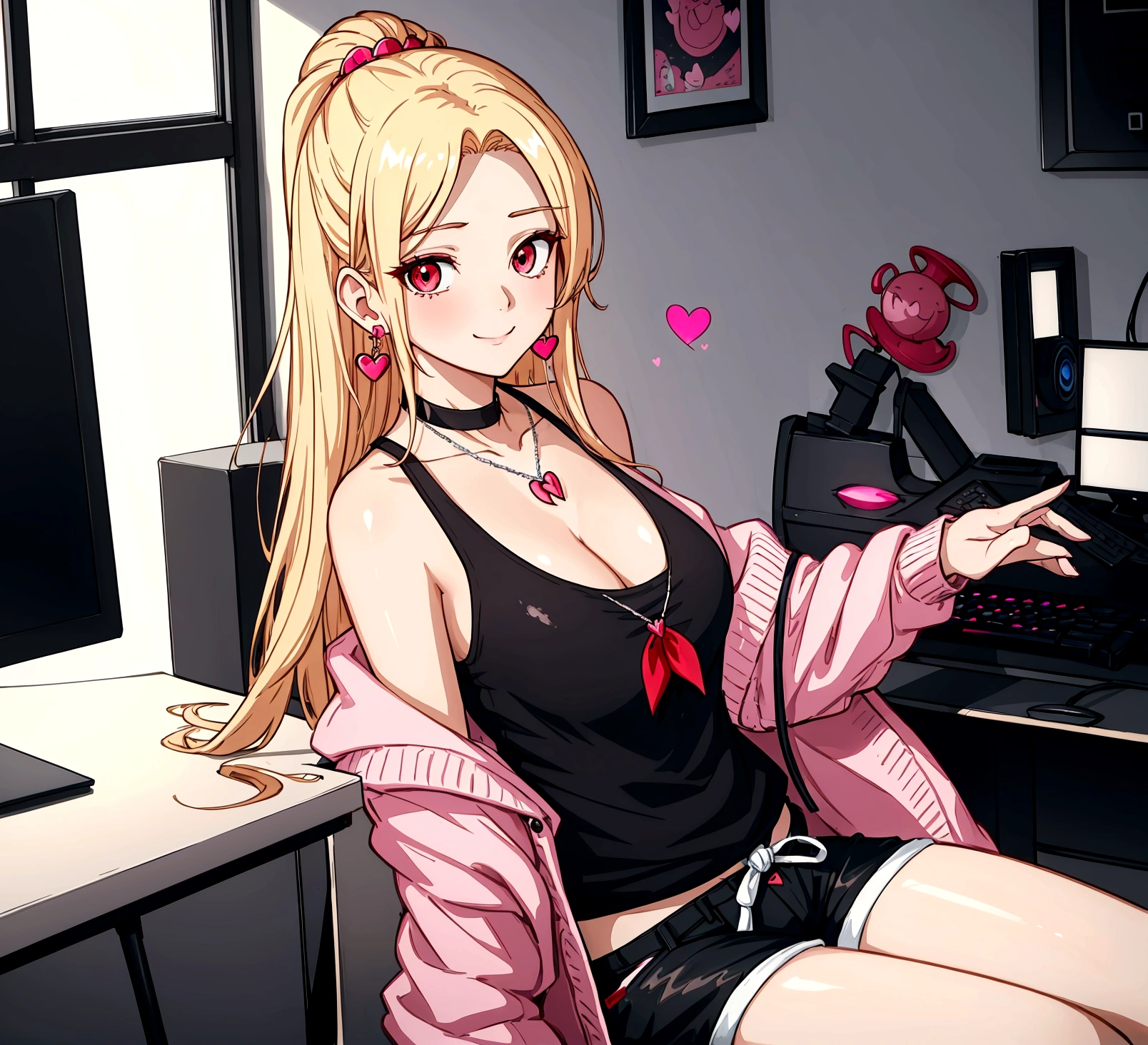 ((최고의 품질)), ((걸작)), (상세한), 여자 1명, Create an anime-style digital artwork of a character with long, straight, sleek blonde hair and bright red eyes. The character is wearing a white cardigan over a black tank top and dolphin shorts. She is accessorized with a pink heart pendant choker and long, decorative earrings. Her hair features a red heart hairpin on the side. The character is sitting in her room in front of a desktop computer, smiling warmly. The background should show a cozy room with soft lighting, with elements like a computer desk, monitor, and some personal items scattered around. The overall mood should be relaxed and inviting, capturing the essence of a casual day indoors.shiny forehead,slicked-back hair, forehead