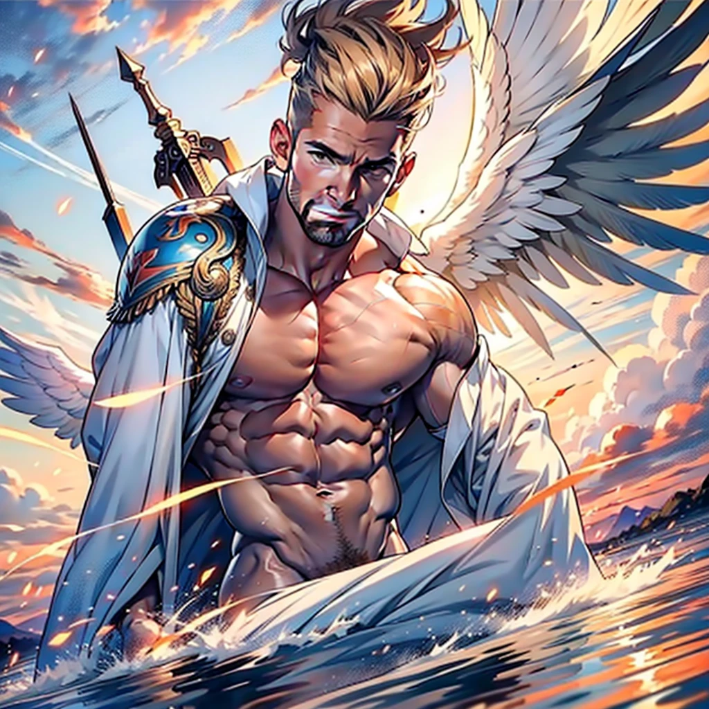 NSFW , 32k,masterpiece, best quality, detailed face, natural eyes,1man, solo mature man, muscled and mature, stephen amell as an angel , TOTALLY NAKED wearing a see thru transparent robe with THIN golden embroidery , SHOWING HIS COCK AND wearing 2 very WIDE angel's wings , showing muscles ,floating and flying in the sky with clouds , full body, intricate Detailed background at sunset