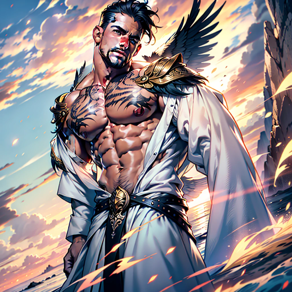 NSFW , 32k,masterpiece, best quality, detailed face, natural eyes,1man, solo mature man, muscled and mature, stephen amell as an angel , TOTALLY NAKED wearing a see thru transparent robe with THIN golden embroidery , SHOWING HIS COCK AND wearing 2 very WIDE angel's wings , showing muscles ,floating and flying in the sky with clouds ,  full body, intricate Detailed background at sunset