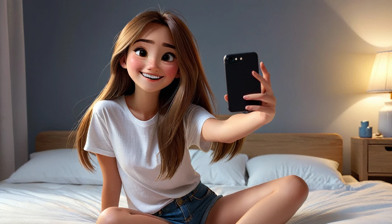 ((masterpiece, best quality)), award winning, 4k, 8k, simple background, photography, visible face, (one girl), 20 years old, cheerful and playful demeanor. She has long, straight hair, a simple white plain t-shirt and denim shorts, sitting pose, in bed, holding iphone, black color, taking selfie. Perfect hands. ((Pixar Character.))