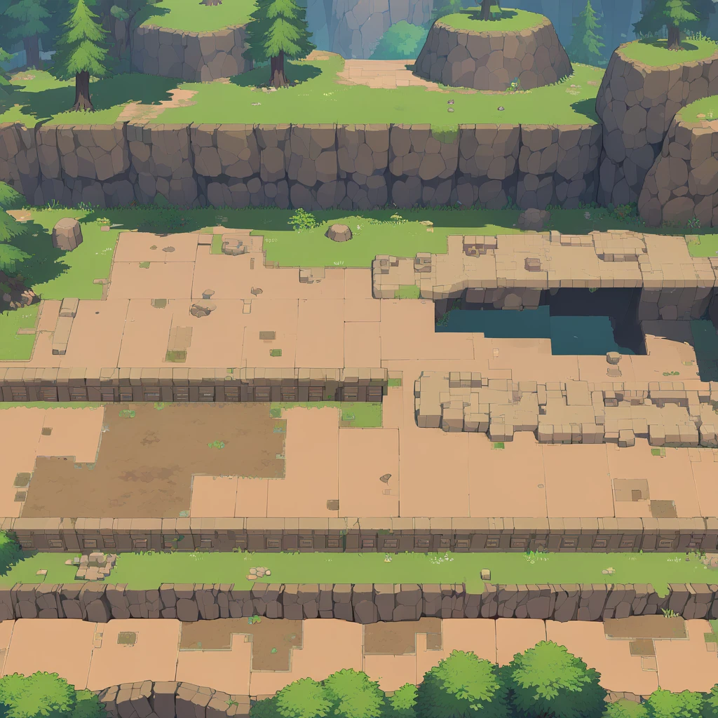 retro video game style,pixelated, vibrant pastel colors,8-bit characters,blocky shapes,sharp lines,detailed shading,classic gaming vibe,nostalgic atmosphere,classic arcade games,masterpiece:1.2,ultra-detailed,illustration style, 2d texture, stone texture, 4 k seamless mud texture, video game texture, dirt texture, tileset, game tiles, grass, 3/4th perspective trees, 3/4th perspective tileable rock texture, 3/4th perspective tileable cliff formations, tileable trees, topdown view, game texture, game art, tileable texture, very detailed cliff texture, intricate stones, top down view, 3/4th perspective