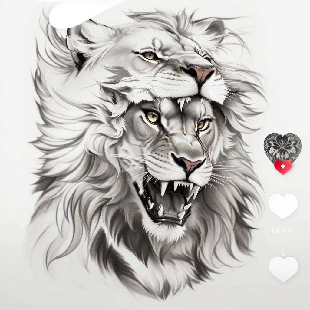 Close-up of a drawing of a lion with a heart, High-quality sketch art, 2D lion in full growth, Half-lev, lion&#39;s head, realistic tattoo drawing, realism Tattoo sketch, third lion&#39;s head, 3D design for tattoo, Tattoo sketch, Tattoo sketch, High-quality sketch, Realistic tattoo design, The body of a lion, Wild Pencil Style, airbrush illustration, LESS SHINES, lines