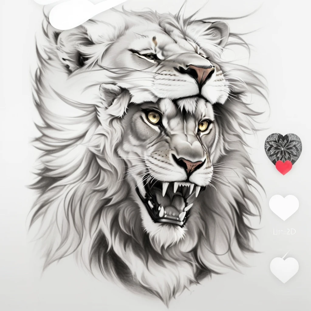 Close-up of a drawing of a lion with a heart, High-quality sketch art, 2D lion in full growth, Half-lev, lion's head, realistic tattoo drawing, realism Tattoo sketch, third lion's head, 3D design for tattoo, Tattoo sketch, Tattoo sketch, High-quality sketch, Realistic tattoo design, The body of a lion, Wild Pencil Style, airbrush illustration, LESS SHINES, lines