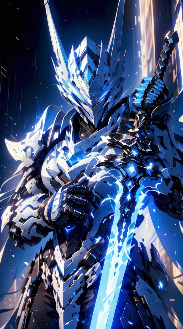 Cyberpunk knight with blue hair, white helmet, white armor, holding a sword, 8k quality, 4k quality, masterpiece, award winning, best w