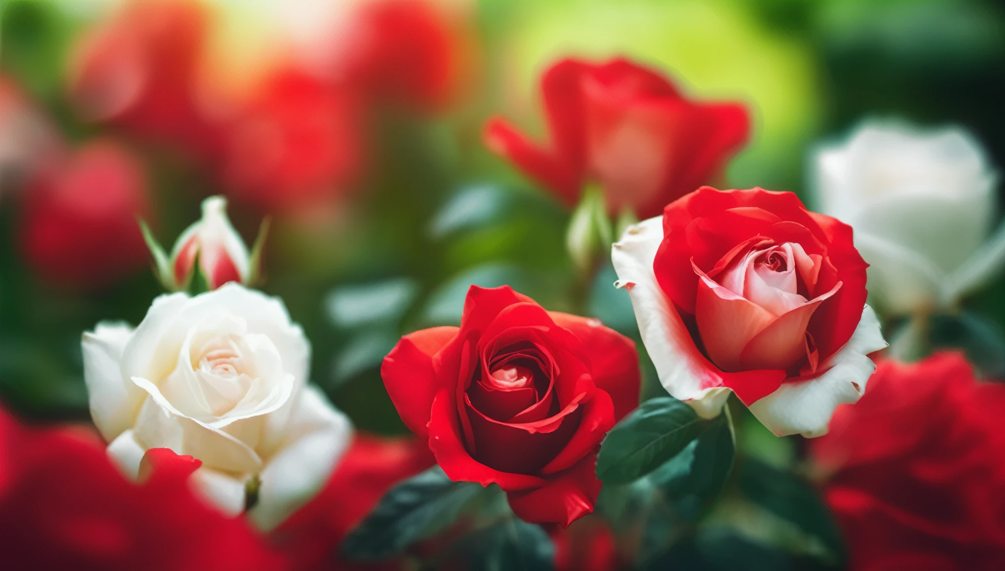 Close-up of vivid red and white roses centered in the frame, soft focus on surrounding lush green foliage, defocused background creating a bokeh effect, nature's palette in full display, natural light, ultra fine details, digital painting