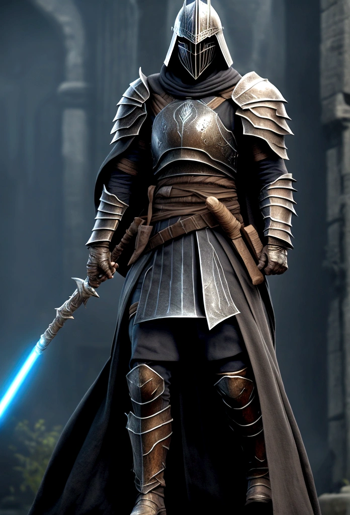 A Jedi in dark knight armor from the game Dark Souls, on a dark background, in the style of digital art