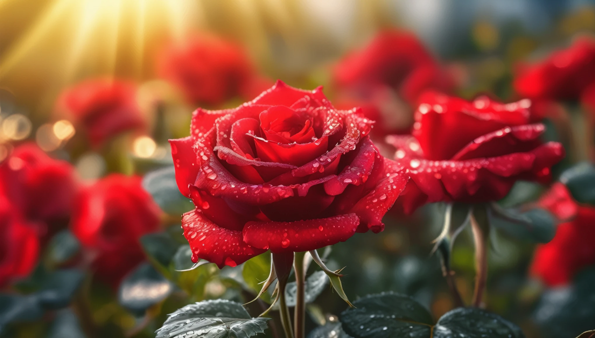 Many red color rose flowers in the garden and sunlight with bokeh, dew drops on flower petals,automatic optional scene, defocused background creating a bokeh effect, nature's palette in full display, natural light, ultra fine details, digital painting
(masterpiece, ultra quality, high resolution, 8k, intricate: 1.2), (masterpiece), (best quality:1)