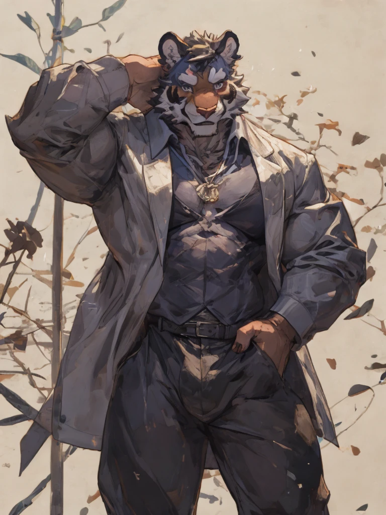 {{bara extremely handsome white tiger,}} {{white fur,}} white, wearing elegant ornate suit jacket, trousers, white dress shirt and necktie, white fluffy furry body and limbs, loafers, very tall, very broad shoulders, narrow waist, muscular arms, massive pecs, purple eyes, very long legs, massive bulge, sophisticated hot look, full body, 3/4 view, best quality, high quality, silver earring on left ear, sultry smirk, multiple views, character sheet
