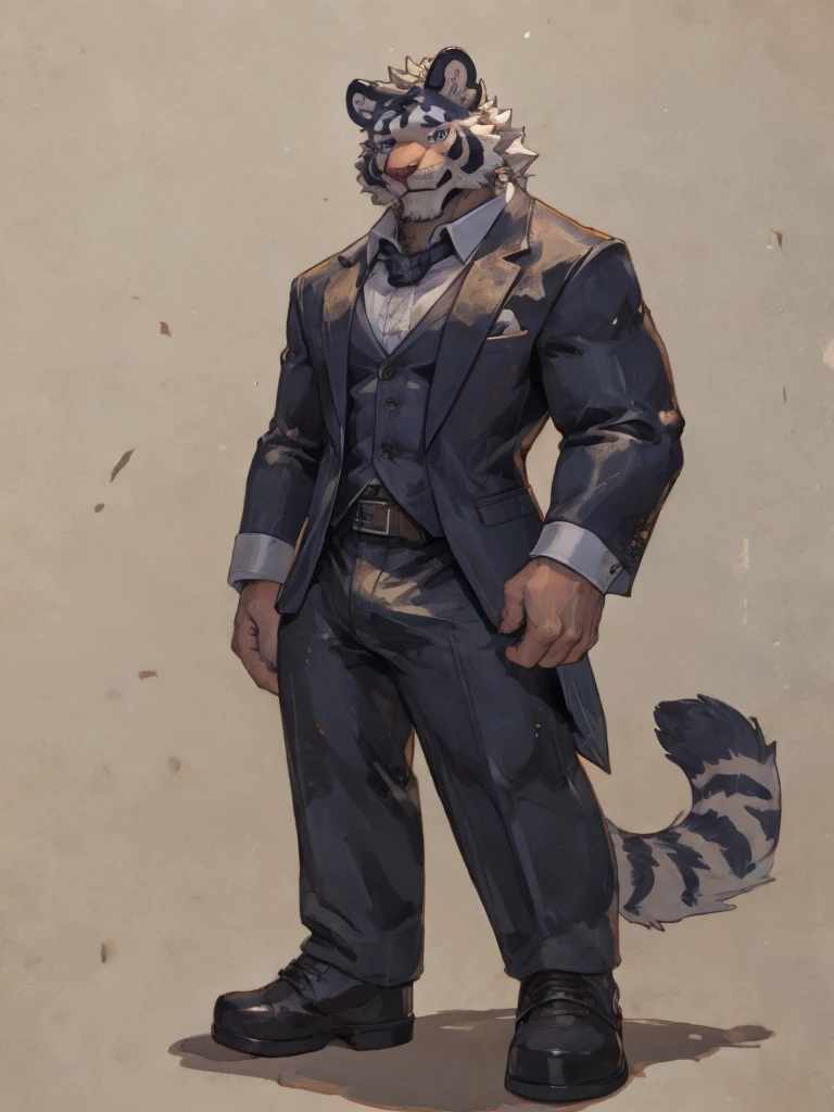 {{bara extremely handsome white tiger,}} {{white fur,}} white, wearing elegant ornate suit jacket, trousers, white dress shirt and necktie, white fluffy furry body and limbs, loafers, very tall, very broad shoulders, narrow waist, muscular arms, massive pecs, purple eyes, very long legs, massive bulge, sophisticated hot look, full body, 3/4 view, best quality, high quality, silver earring on left ear, sultry smirk, multiple views, character sheet