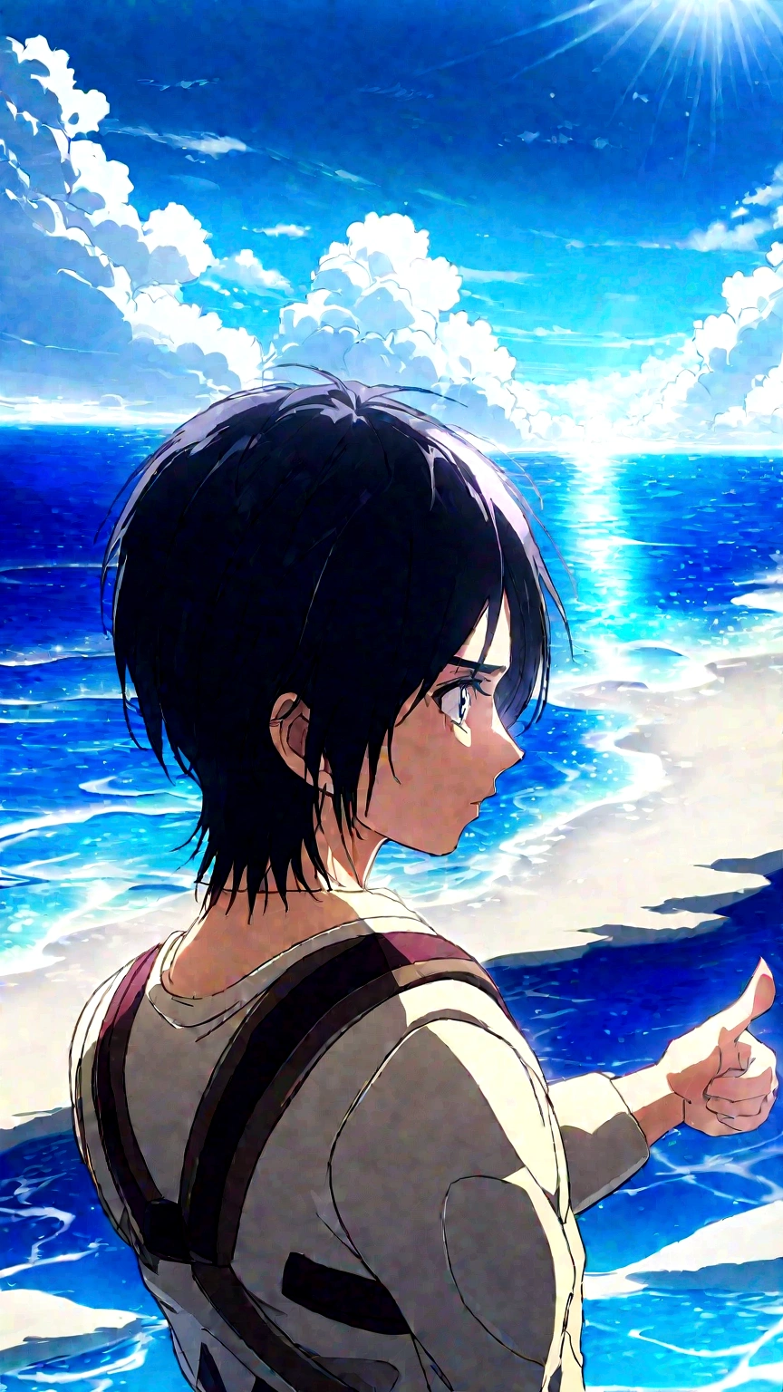 Eren from Attack on Titan standing on a cliff, distance view, pointing towards the vast sea under a bright blue sky with scattered clouds. The sun reflects off the water, creating a shimmering effect. The scene captures the serene beauty of the ocean and the determination in Eren's expression. Detailed textures, vivid colors, dynamic lighting, hd quality