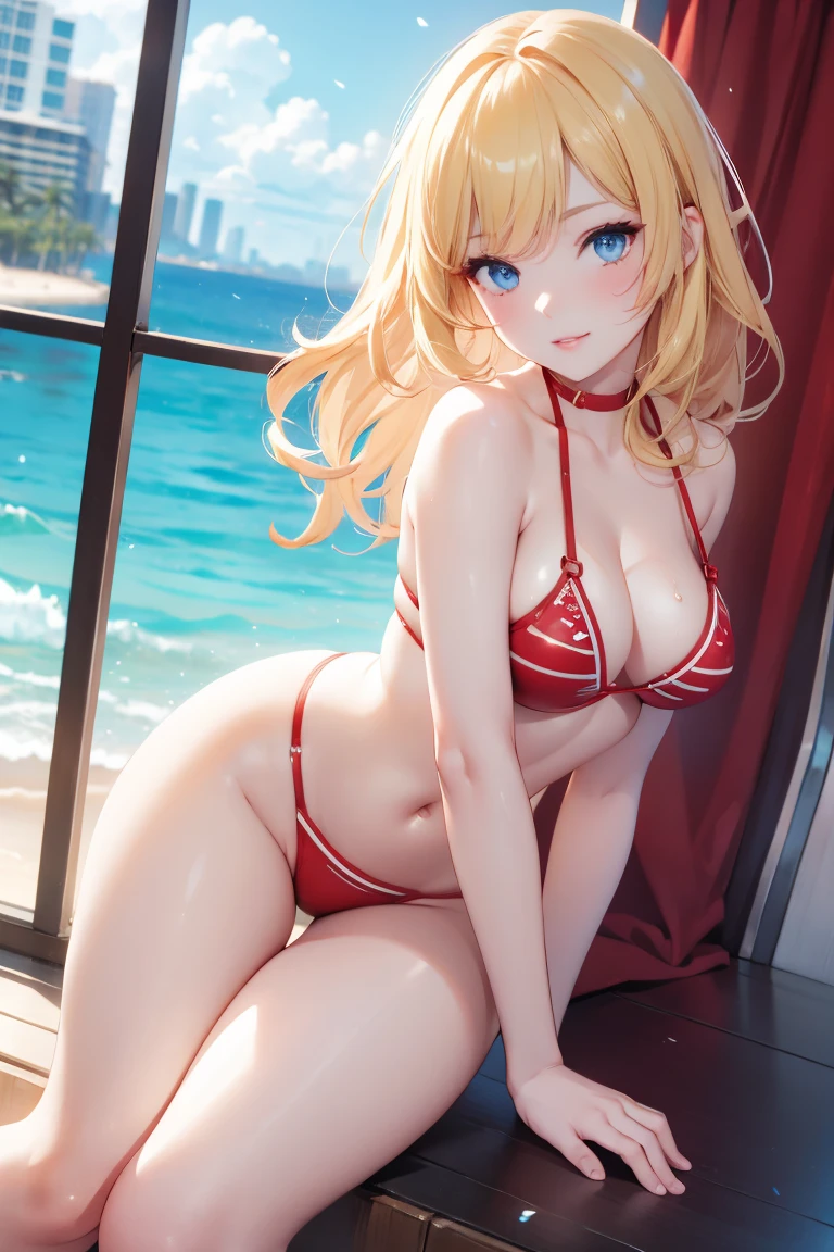 One Girl , Bikini , Beautiful bikini , Short tight bikini , Red swimming costume , Girl on the sea , outside the window view of futuristic city , Lush breasts , Wide hips , Narrow waist , Big butt , Puffy lips , Blonde hair , Blue eyes , On the lips smile , Wet , In motion , Correct anatomy , Chic Quality , Bright colours , Velecolebdny picture , Friendly .