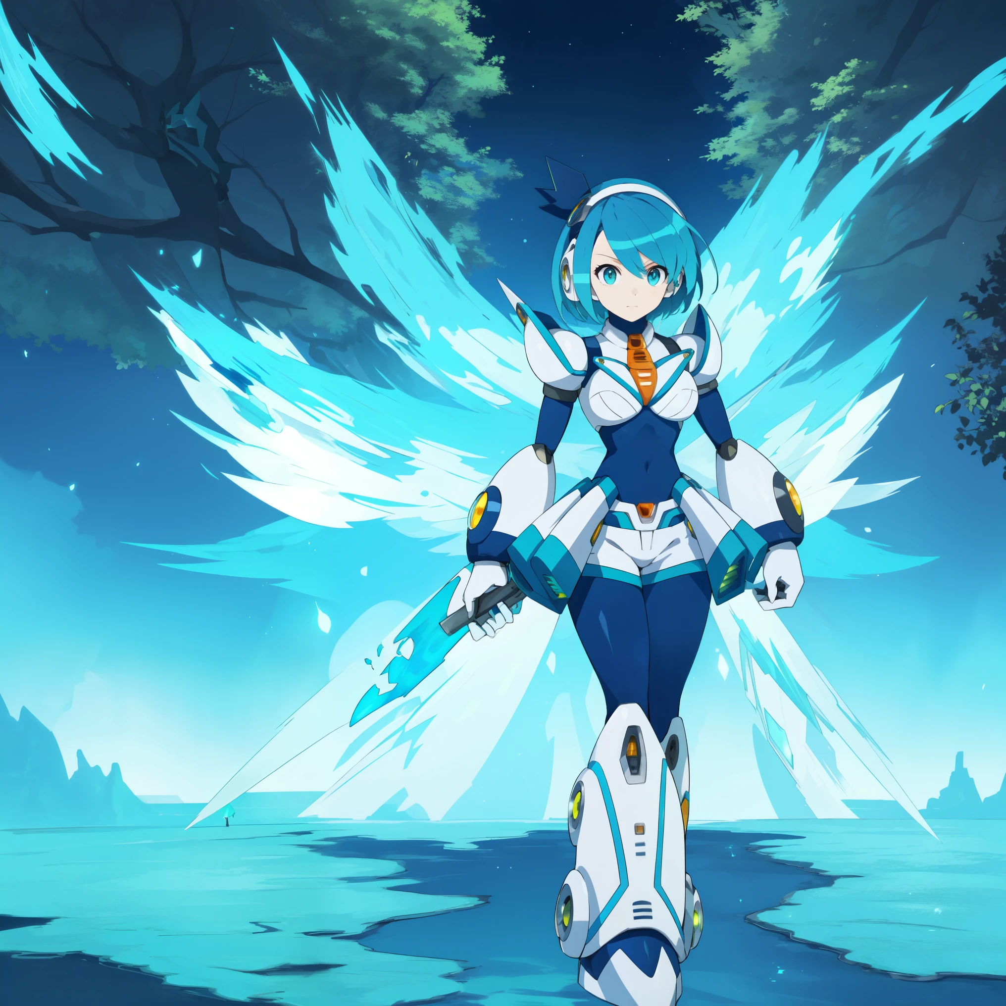 rico_megamanxdive, 1girl, solo, blue eyes, short hair, blue hair, android, high quality, masterpiece, standing with green flames coming from a tree