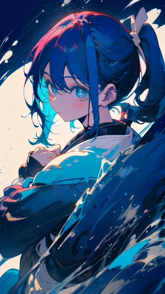 Blue-haired side ponytail,Design clothing,Seven-doppelganger shot,Anime style 4K,Anime girl with teal hair,High quality anime art style,Standing painting,Splash ink background,Blue Themes、Pure white background