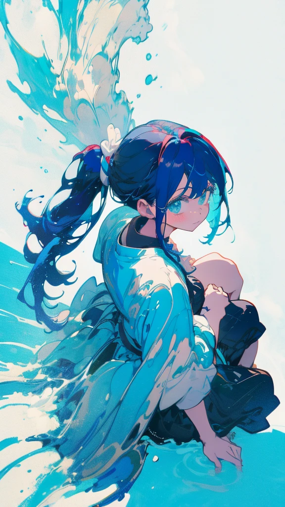 Blue-haired side ponytail,Design clothing,Seven-doppelganger shot,Anime style 4K,Anime girl with teal hair,High quality anime art style,sit down painting,Splash ink background,Blue Themes、Pure white background,Buildings,Fuji Mountain