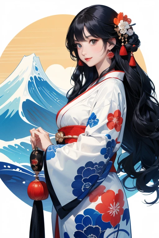 (Highest quality、masterpiece、High resolution、8K)、Ukiyo-e、Vibrant colors、Katsushika Hokusai、1 female、Long Black Hair、The kimono has a vivid floral pattern on a white background.、White waves and Mt. Fuji、Reddish Fuji、White waves, the moon and a woman、White waves, a boat and a woman、White waves, a woman and a seagull、Official Art、背景はUkiyo-e風