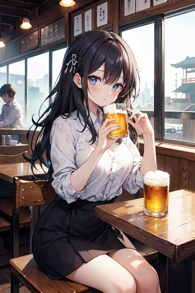 This illustration depicts a cute girl drinking beer at an izakaya.. She is holding a glass of beer、His eyes are shining. The interior of the restaurant is like a traditional izakaya.,Dress code: casual office wear. but, The most notable is "The last mysterious high-energy object" She emits. This energy body was released from her body.、It has the power to make all the trash in the store disappear.. A faint light in the corner of the room々Reach. A girl with a satisfied look is sitting by the window. It's evening, Change clothes after work.