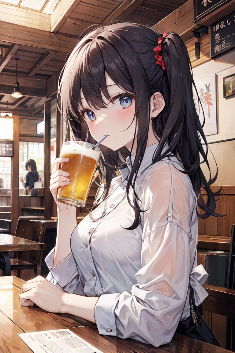 This illustration depicts a cute girl drinking beer at an izakaya.. She is holding a glass of beer、His eyes are shining. The interior of the restaurant is like a traditional izakaya.,Dress code: casual office wear. but, The most notable is "The last mysterious high-energy object" She emits. This energy body was released from her body.、It has the power to make all the trash in the store disappear.. A faint light in the corner of the room々Reach. A girl with a satisfied look is sitting by the window. It's evening, Change clothes after work.