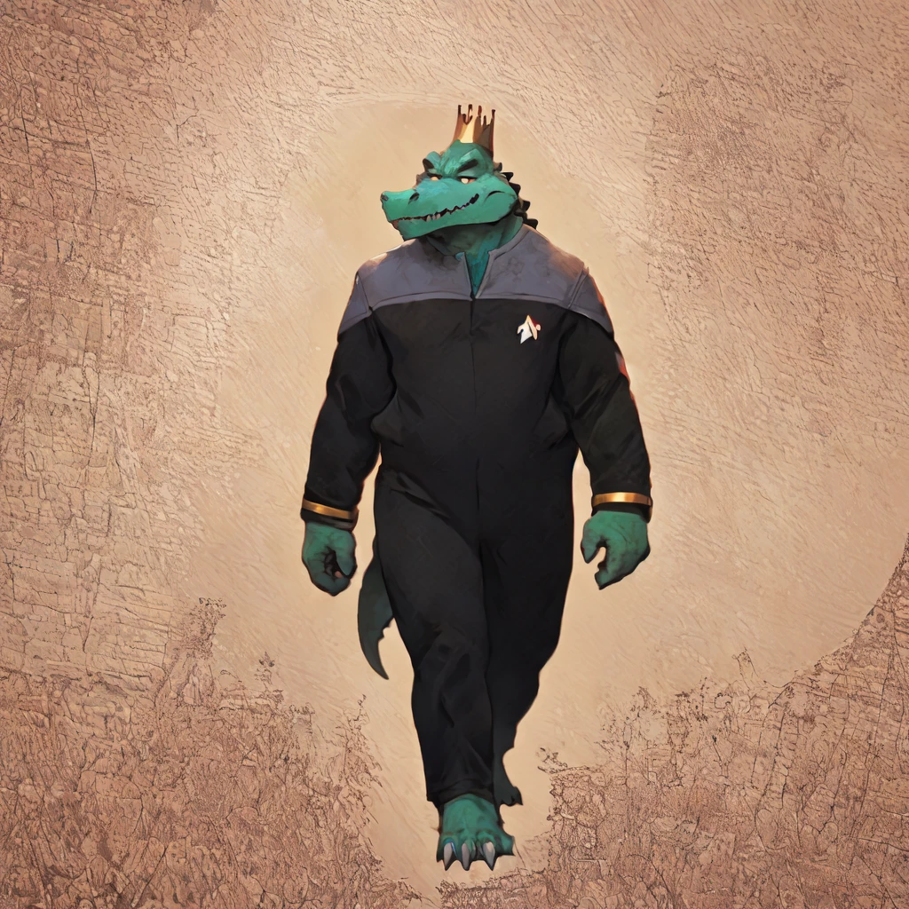 (((Barefoot scaley character, full body, cinematic setting, furry male, plantigrade))) 
Doctor (((kingkrool))), crocodile, green skin, reptile, gold bracelets, scales, bloodshot eye, fat, obese,
exudes confidence and authority, wears star trek DS9 doctor teal uniform, ((ds9st, black and grey star trek uniform, grey shoulders, teal neck, black jumpsuit, black pants)) dynamic pose, holding medical tricorder
((starship interior with many screens and consoles)), futuristic look, metalic, bright colors
BREAK, intricate details, highly detailed, extreme detail, octane render, fine art, best quality, highres, (detailed face:1.5), ((full_body)), UHD, (((perfect hands))), ((low light:1.5))