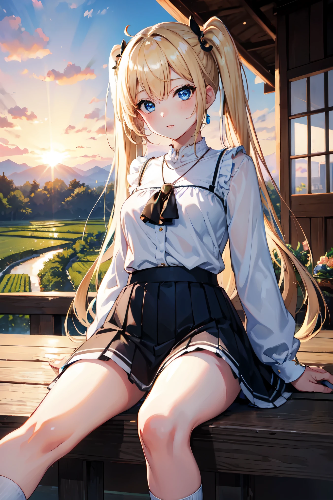 Absurd, Ultra-detailed,Bright colors, Very beautiful and detailed anime faces and eyes, View from the front, ;d, Shiny_skin,Age 25, , Sheer white 、Black socks、Checkered skirt Stylish bra, Asymmetrical bangs, Blonde hair in short pigtails, Shiny髪, Boobs  Delicate Beautiful Face, blush、(Deep blue eyes:1.3)、evening、There are many rice fields, Sunset over many fields、Orange View、Small Necklace、