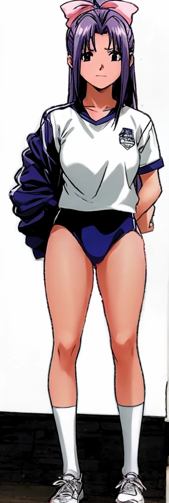 Momoko Koigakubo, a tall girl with beautiful legs, is standing with a smile on her face in a white gym uniform and light navy blue bloomers that look like panties.。A second-grade boy wearing a tracksuit is standing next to her and is being held by Momoko Koigakubo.。
