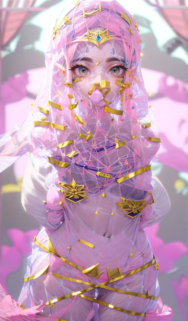Please follow all prompts below exactly and faithfully. This is a breathtaking masterpiece of digital illustration, with maximum resolution, UHD, 512K, 2160p, 10 million ppi, 300 million dpi, natural color tones, ultra sharp details, perfect outlines with contrast, ((smooth, soft and clearly and most realistic skin and hair texture)), most beautiful detailed eye features, perfect anatomically correct human body, beautiful background with depth, rule of thirds, depth of field, Maximize all element is used to its full potential to create the best digital illustrations, A very sexy mature elegant slut with a perfect body style, beautiful sharp face, slim figure, gravity defying large breasts, beautiful green eyes (with shiny blonde hair, pony tail), bangs covering one eye, glossy sensual very shiny thick lips and striking pink lipstick, sexy smile:1.3, Uplifting:1.5, shiny red clothes, Richly decorated Arabian dancer costume:1.5, (intricately designed with lots of lace),(Pelvic curtain:1.5), (see-through pink (see-through pink Arabian face veil:1.8), niqab:1.8),