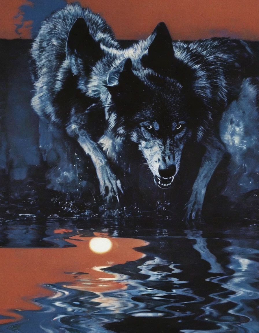 wolf in water, sunset background