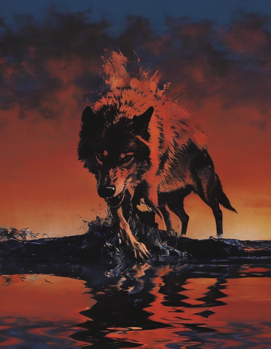 wolf in water, sunset background