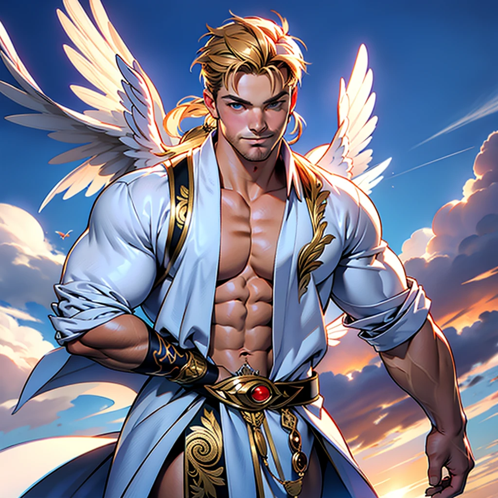 NSFW , 32k,masterpiece, best quality, detailed face, natural eyes,1man, solo mature man, muscled and mature, stephen amell as an angel , TOTALLY NAKED wearing a see thru transparent robe with THIN golden embroidery , SHOWING HIS COCK AND wearing 2 very WIDE angel's wings , showing muscles ,floating and flying in the sky with clouds , full body, intricate Detailed background at sunset