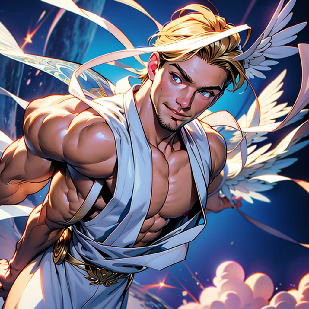 NSFW , 32k,masterpiece, best quality, detailed face, natural eyes,1man, solo mature man, muscled and mature, stephen amell as an angel , TOTALLY NAKED wearing a see thru transparent robe with THIN golden embroidery , SHOWING HIS COCK AND wearing 2 very WIDE angel's wings , showing muscles ,floating and flying in the sky with clouds , full body, intricate Detailed background at sunset