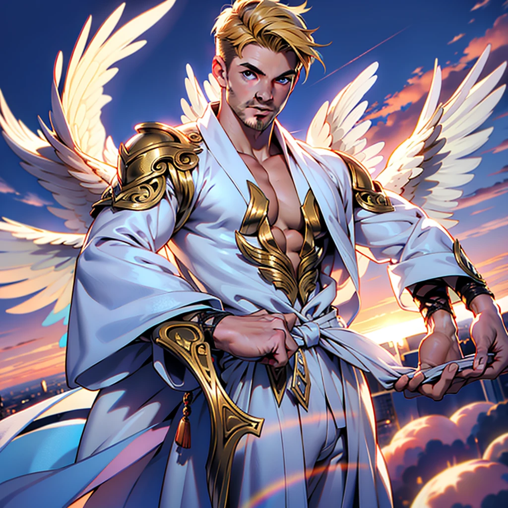 NSFW , 32k,masterpiece, best quality, detailed face, natural eyes,1man, solo mature man, muscled and mature, stephen amell as an angel , TOTALLY NAKED wearing a see thru transparent robe with THIN golden embroidery , SHOWING HIS COCK AND wearing 2 very WIDE angel's wings , showing muscles ,floating and flying in the sky with clouds , full body, intricate Detailed background at sunset