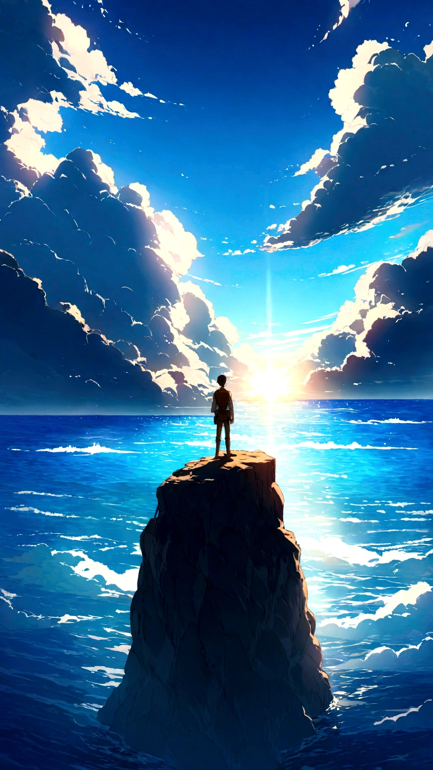 Eren from Attack on Titan standing on a cliff, distance view, pointing towards the vast sea under a bright blue sky with scattered clouds. The sun reflects off the water, creating a shimmering effect. The scene captures the serene beauty of the ocean and the determination in Eren's expression. Detailed textures, vivid colors, dynamic lighting, hd quality