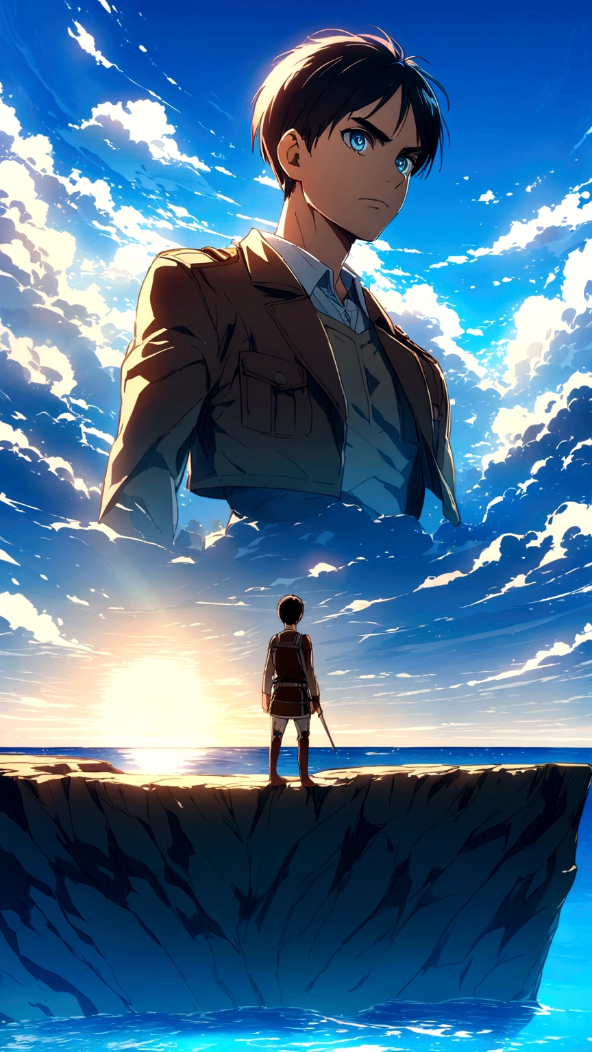 Eren from Attack on Titan standing on a cliff, distance view, pointing towards the vast sea under a bright blue sky with scattered clouds. The sun reflects off the water, creating a shimmering effect. The scene captures the serene beauty of the ocean and the determination in Eren's expression. Detailed textures, vivid colors, dynamic lighting, hd quality