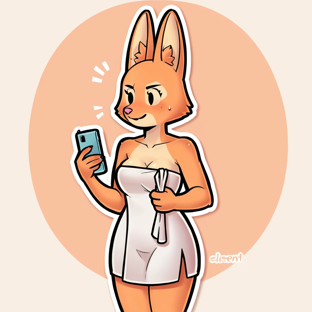 score_9_presence, score_8_up, Diane Foxington, wrapped in towel, medium breasts, holding phone