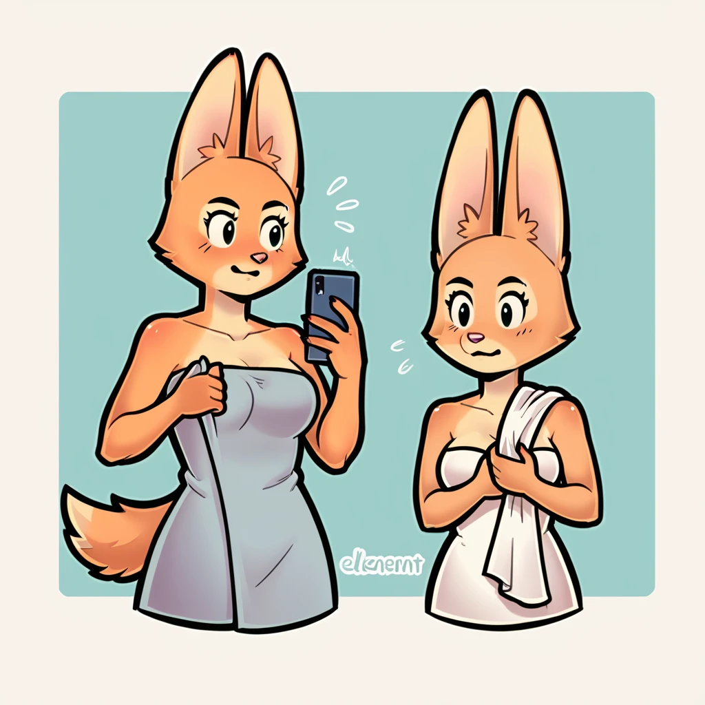 score_9_presence, score_8_up, Diane Foxington, wrapped in towel, medium breasts, holding phone