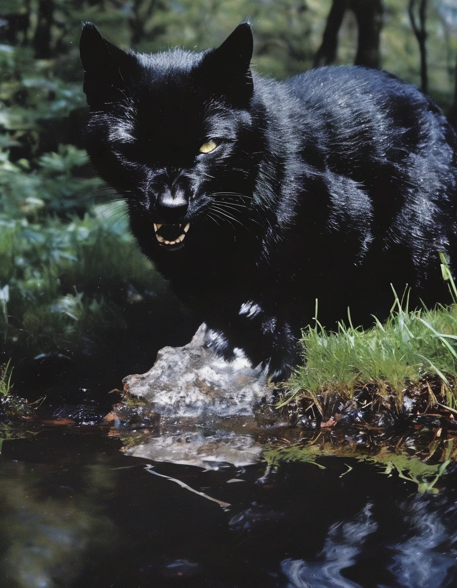 black cat in water, forest background
