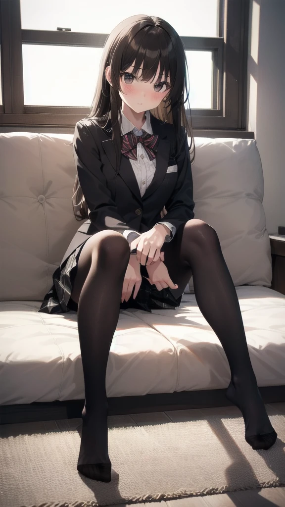 Top quality, masterpiece, High resolution, (Head to toe full body), front, frontやや下からの構図, Symmetric, Tall 18 year old girl, alone, (Head to toe), (Small breasts), Unkempt brown hair, bangs, (black tights), (Black Pantyhose), (Sit with your legs apart), (Crouching pose), (A composition showing white panties), (Her legs were spread、I see your white pants.), (I was made to sit on the floor with my legs spread..), (M-shaped legs), Thin legs, A very beautiful and tall 18 year old girl, (No shoes), blush, Shy big eyes, looking at the camera, Blazer Uniform, Checkered Pleated Skirt