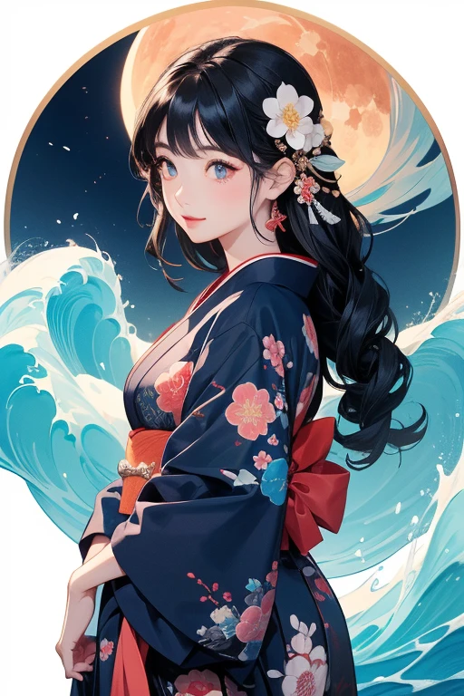 (Highest quality、masterpiece、High resolution、8K)、Ukiyo-e、Vibrant colors、Katsushika Hokusai、1 female、Long Black Hair、The kimono has a vivid floral pattern on a white background.、White waves and Mt. Fuji、Reddish Fuji、White waves, the moon and a woman、White waves, a boat and a woman、White waves, a woman and a seagull、Official Art、背景はUkiyo-e風
