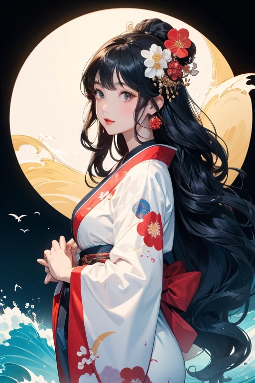 (Highest quality、masterpiece、High resolution、8K)、Ukiyo-e、Vibrant colors、Katsushika Hokusai、1 female、Long Black Hair、The kimono has a vivid floral pattern on a white background.、White waves and Mt. Fuji、Reddish Fuji、White waves, the moon and a woman、White waves, a boat and a woman、White waves, a woman and a seagull、Official Art、背景はUkiyo-e風