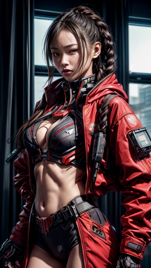 (nsfw:1.2)、Very beautiful woman、Slender women、(Detailed face)、Realistic Skin、((Delicate photo)),(Girl Masterpiece RAW Photo Details:1.25), (Highest quality:1.6), (Ultra-high resolution:1.5), (Realistic:1.75), 8K resolution, Canon EOS R5, 50mm, Absurd, Ultra-detailed,Cinema Lighting、One girl, 白hair,((hime_cut))、Smile、 Window Shades,((Super tight red jacket coat)), Chest Rig, cyber punk, ((Techwear)),I can see your abs、Bra Top、((Big Breasts))、((The abdomen is visible))、(((Ultra-delicate and futuristic design)))、(((Bite)))、((logo))、((Text on clothing))、(((Micro Size Underwear)))、((With the weapons of the future))、((twin braids))