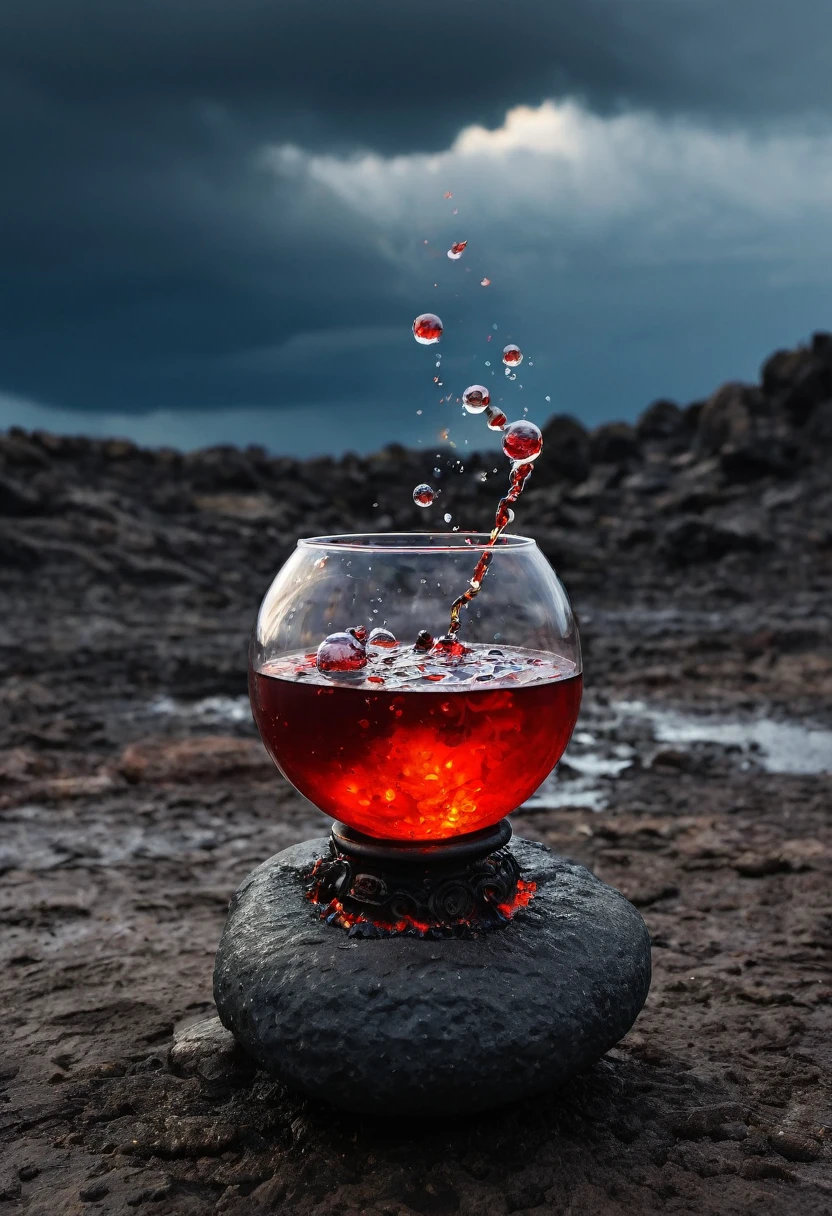 Image of a potion glass , circular bottom , red potion in the glass , hot gasses coming from the glass , bubbles coming inside of the potion , hells backgorund , fire and cracked ground , potion is kept on a big fire stone , dark cloudy sky , thunderstorms