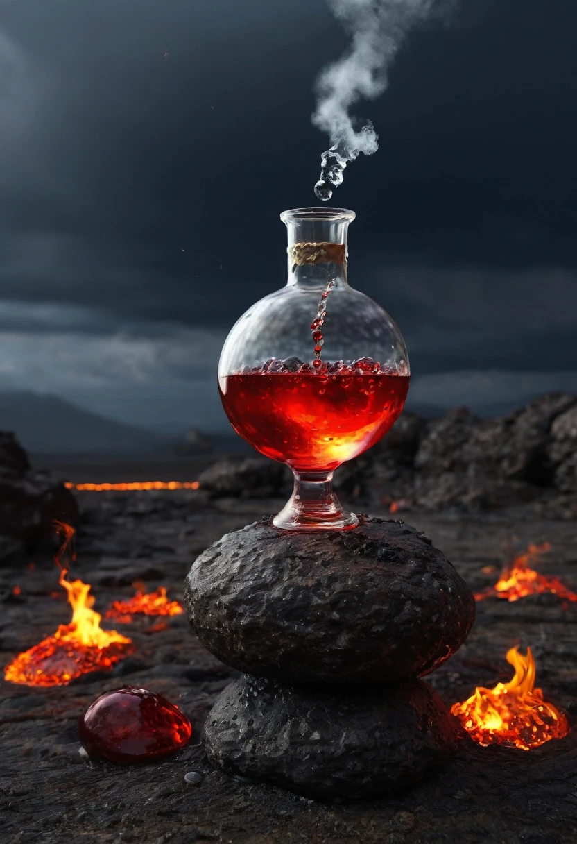 Image of a potion glass , circular bottom , red potion in the glass , hot gasses coming from the glass , bubbles coming inside of the potion , hells backgorund , fire and cracked ground , potion is kept on a big fire stone , dark cloudy sky , thunderstorms 