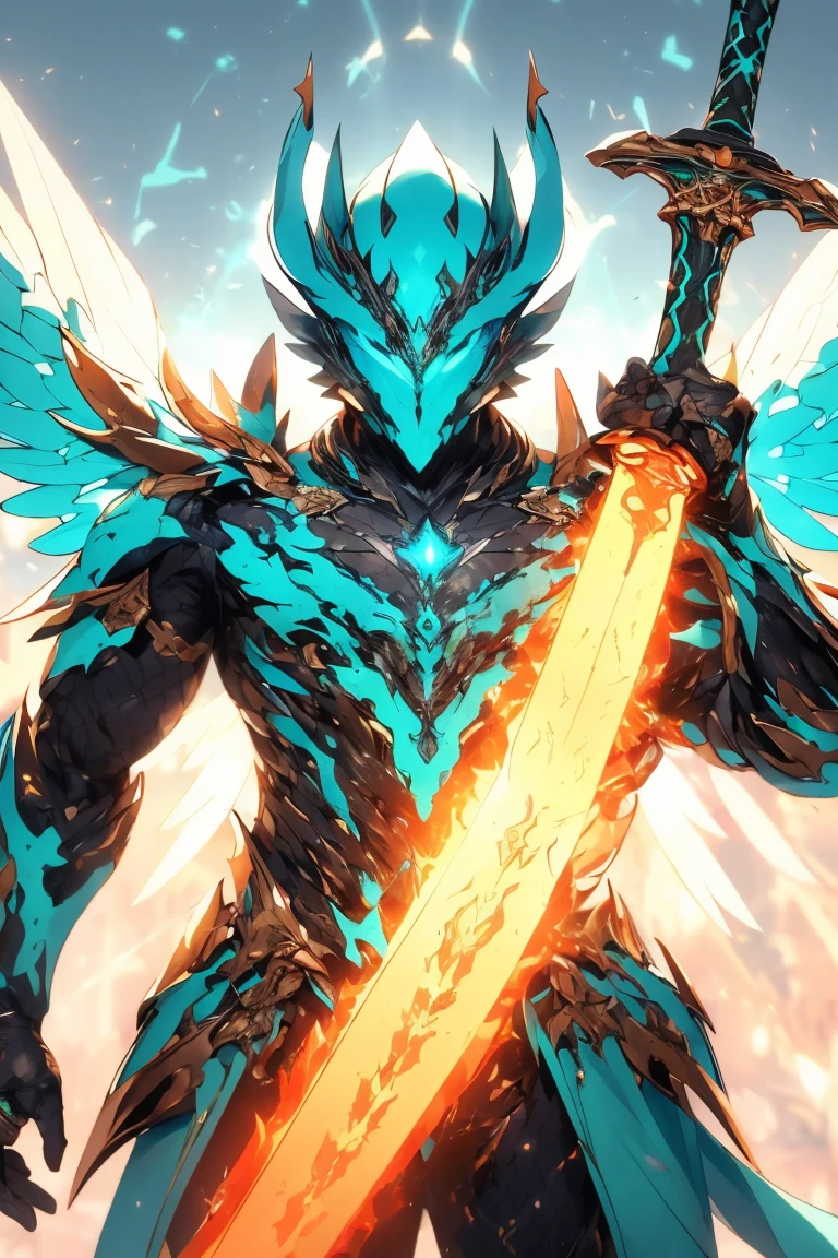 (hailoknight, Solo, 1boy wearing turquoise armor, turquoise helmet, glowing turquoise eyes, turquoise wings, holding giant orange energy sword infront of him, holding one sword:1.3), (simple glowing background:1.25)masterpiece, best quality, wide-angle, Hyperdetailed, masterpiece, best quality, 8k, natural lighting, soft lighting, sunlight, HDR (High Dynamic Range), Maximum Clarity And Sharpness, Multi-Layered Textures