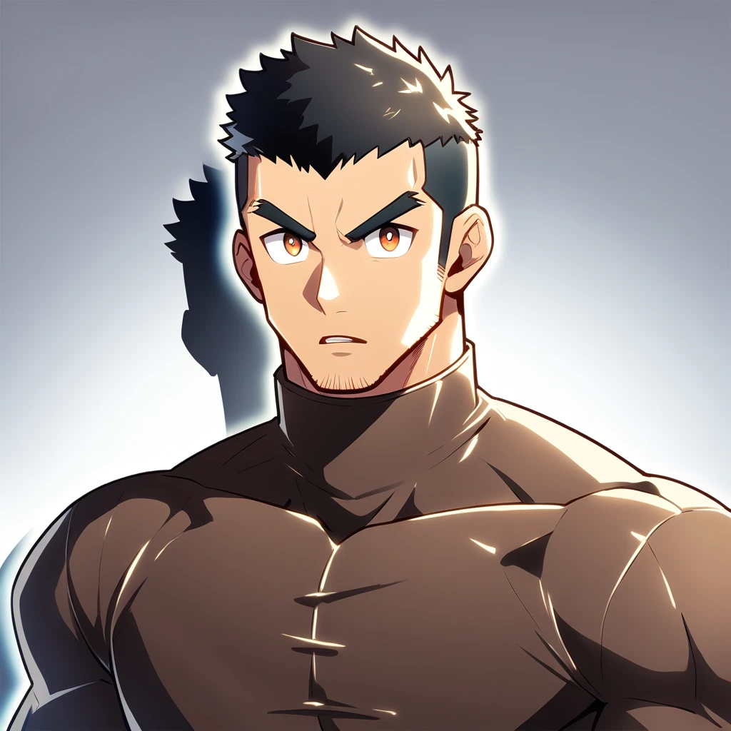 anime characters：Gyee, Muscle Sports Student, Manliness, male focus, Cute boy with big eyes, Brown high collar long sleeve tight T-shirt, Slightly transparent material, Very tight, Round, full and perky chest muscles, Slightly transparent, muscular male, muscular, only, Upper body, alone, Black short hair, Thick eyebrows, stubble, Cute little eyes, Brown-red pupils, Grey background, simple background, amazing quality, best aesthetics, Ridiculous, crew cut, parted lips, v-shaped eyebrows, jitome, drop shadow, best quality
