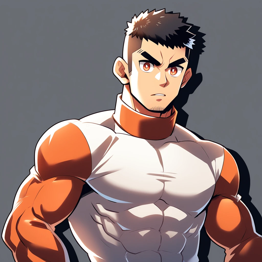 anime characters：Gyee, Muscle Sports Student, Manliness, male focus, Cute boy with big eyes, Brown high collar long sleeve tight T-shirt, Slightly transparent material, Very tight, Round, full and perky chest muscles, Slightly transparent, muscular male, muscular, only, Upper body, alone, Black short hair, Thick eyebrows, stubble, Cute little eyes, Brown-red pupils, Grey background, simple background, amazing quality, best aesthetics, Ridiculous, crew cut, parted lips, v-shaped eyebrows, jitome, drop shadow, best quality