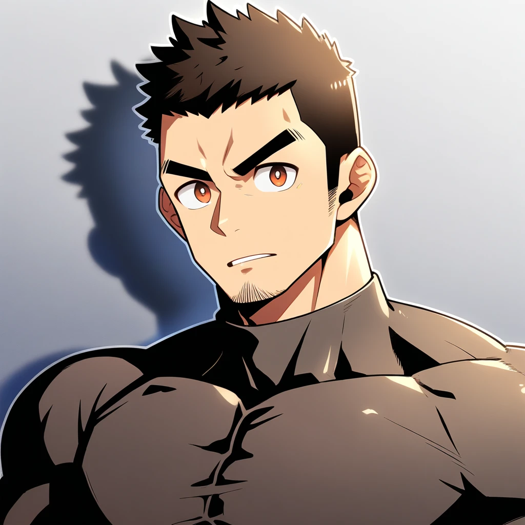 anime characters:Gyee, Muscle Sports Student, Manliness, male focus, Cute boy with big eyes, Brown high collar long sleeve tight T-shirt, Slightly transparent material, Very tight, Round, full and perky chest muscles, Slightly transparent, muscular male, muscular, only, Upper body, alone, Black short hair, Thick eyebrows, stubble, Cute little eyes, Brown-red pupils, Grey background, simple background, amazing quality, best aesthetics, Ridiculous, crew cut, parted lips, v-shaped eyebrows, jitome, drop shadow, best quality