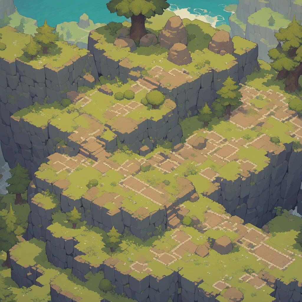 retro video game style,pixelated, vibrant pastel colors,8-bit characters,blocky shapes,sharp lines,detailed shading,classic gaming vibe,nostalgic atmosphere,classic arcade games,masterpiece:1.2,ultra-detailed,illustration style, 2d texture, stone texture, 4 k seamless mud texture, video game texture, dirt texture, tileset, game tiles, grass, 3/4th perspective trees, 3/4th perspective tileable rock texture, 3/4th perspective tileable cliff formations, tileable trees, topdown view, game texture, game art, tileable texture, very detailed cliff texture, intricate stones, top down view, 3/4th perspective