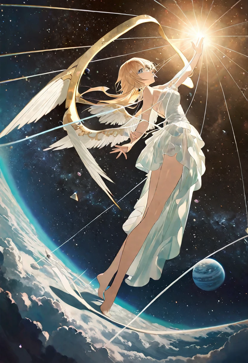 by rella, by foomidori, by lam, by makoto shinkai, by Ilya Kuvshinov,
A young female fashion model, detailed face, detailed eyes, detailed hair, angel, angel wing, mechanical wing, 
wedding dress,
(dynamic pose:1.2), (dutch angle:1.5), golden ratio,
mysterious, like a goddess,
break
clear blue sky, cloud, cloudy sky, space, star, planet, nebula, aurora, milky way, floral, space ship, deep space, perfect world, 
beautiful, aesthetic, detailed, beautiful color, 
amazing quality, best quality, high quality, ultra high res, absurdres, golden_ratio_xl, 